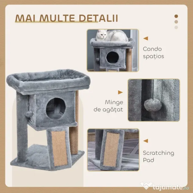 PawHut Ansamblu de Joacă de Sisal din Sisal și Pluș, Căsuță pentru Pisici și Pat, Gri | Aosom Romania