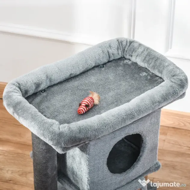 PawHut Ansamblu de Joacă de Sisal din Sisal și Pluș, Căsuță pentru Pisici și Pat, Gri | Aosom Romania