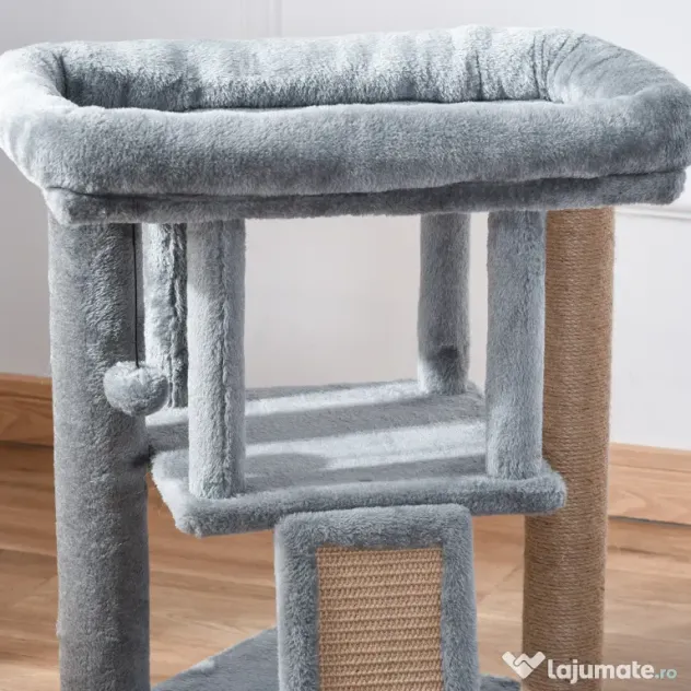 PawHut Ansamblu de Joacă de Sisal din Sisal și Pluș, Căsuță pentru Pisici și Pat, Gri | Aosom Romania