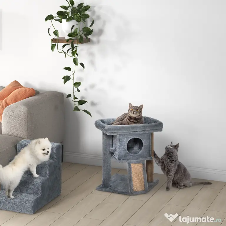 PawHut Ansamblu de Joacă de Sisal din Sisal și Pluș, Căsuță pentru Pisici și Pat, Gri | Aosom Romania
