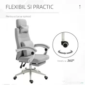 Vinsetto Scaun de Birou Ergonomic, Rotativ și Reglabil pe Înălțime, Tapițat, Gri 
