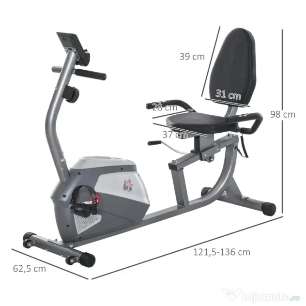 Bicicleta Orizontala HOMCOM cu Spatar si Sezut Reglabile 121.5-136x62.5x98cm - Gri | Aosom Romania