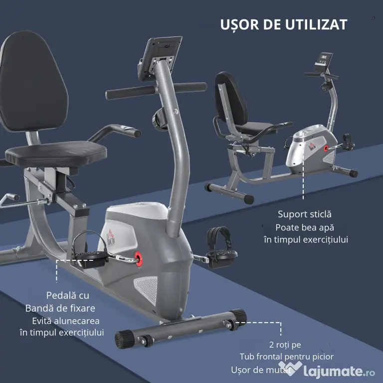 Bicicleta Orizontala HOMCOM cu Spatar si Sezut Reglabile 121.5-136x62.5x98cm - Gri | Aosom Romania