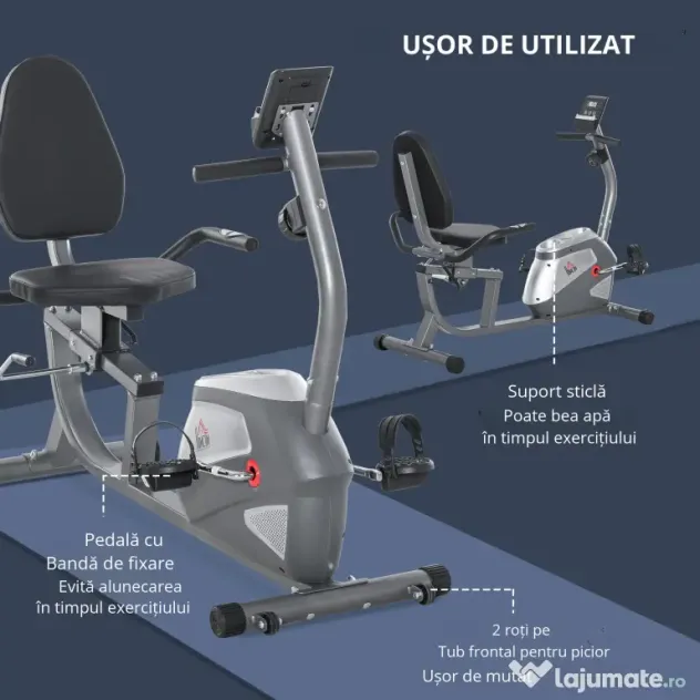 Bicicleta Orizontala HOMCOM cu Spatar si Sezut Reglabile 121.5-136x62.5x98cm - Gri | Aosom Romania