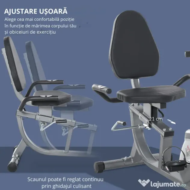 Bicicleta Orizontala HOMCOM cu Spatar si Sezut Reglabile 121.5-136x62.5x98cm - Gri | Aosom Romania