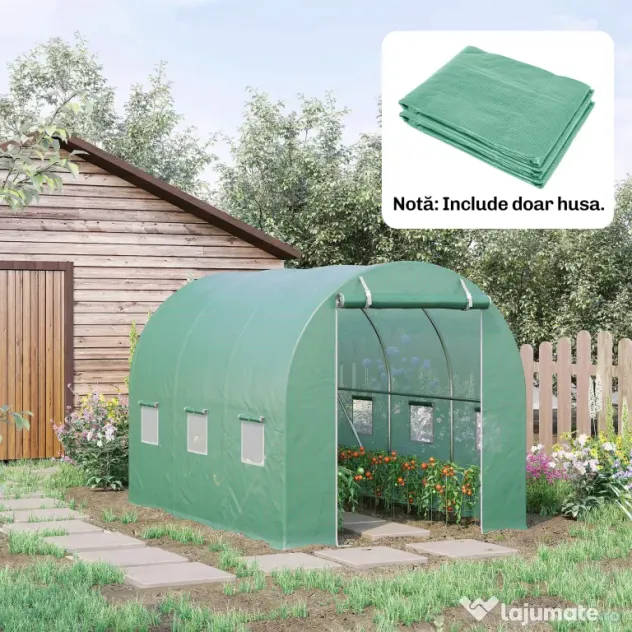 Outsunny Învelitoare pentru Seră cu 12 Ferestre, Ușă Rulabilă și Margini Îngropate, 3x2x2 m, Verde | Aosom Romania