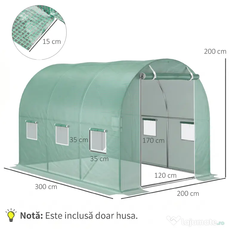 Outsunny Învelitoare pentru Seră cu 12 Ferestre, Ușă Rulabilă și Margini Îngropate, 3x2x2 m, Verde | Aosom Romania