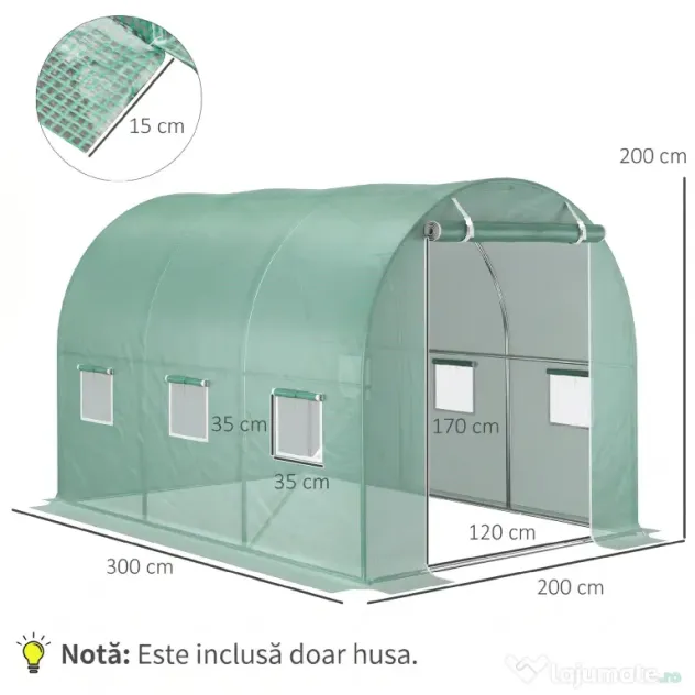 Outsunny Învelitoare pentru Seră cu 12 Ferestre, Ușă Rulabilă și Margini Îngropate, 3x2x2 m, Verde | Aosom Romania