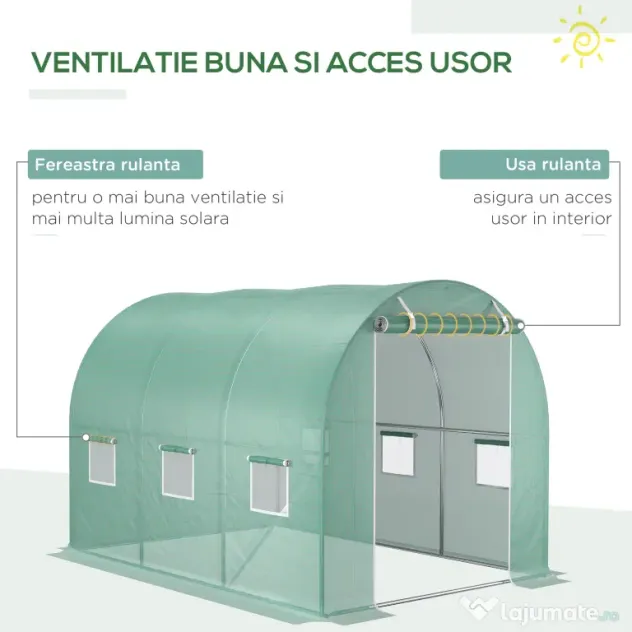 Outsunny Învelitoare pentru Seră cu 12 Ferestre, Ușă Rulabilă și Margini Îngropate, 3x2x2 m, Verde | Aosom Romania