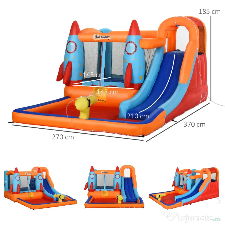 Outsunny Castel Gonflabil pentru Copii Piscina cu Tobogan si Trambulina, Pompa Electrica, 370x270x185cm, Multicolor | Aosom Romania