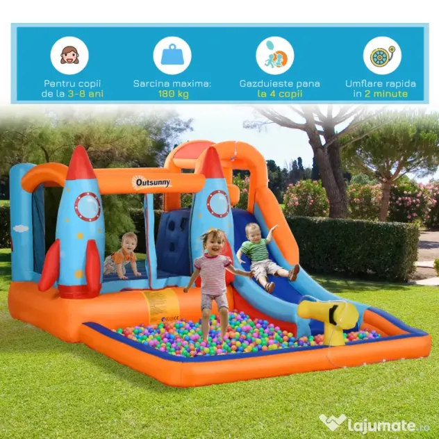 Outsunny Castel Gonflabil pentru Copii Piscina cu Tobogan si Trambulina, Pompa Electrica, 370x270x185cm, Multicolor | Aosom Romania
