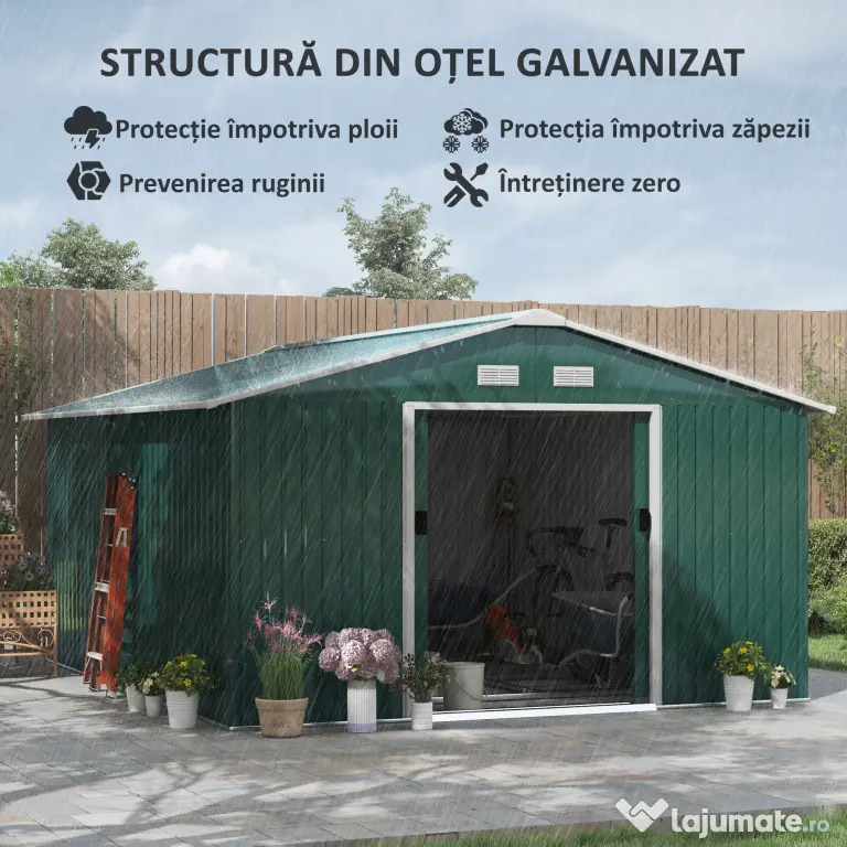 Outsunny Magazie Gradina Unelte din Otel Galvanizat Verde 3.4x3.86m Anti Rugina | Aosom Romania
