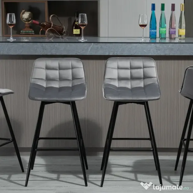 HOMCOM Set 2 Scaune Înalte în Stil Nordic cu Spătar și Suport pentru Picioare, 45x47x88 cm, Gri | Aosom Romania