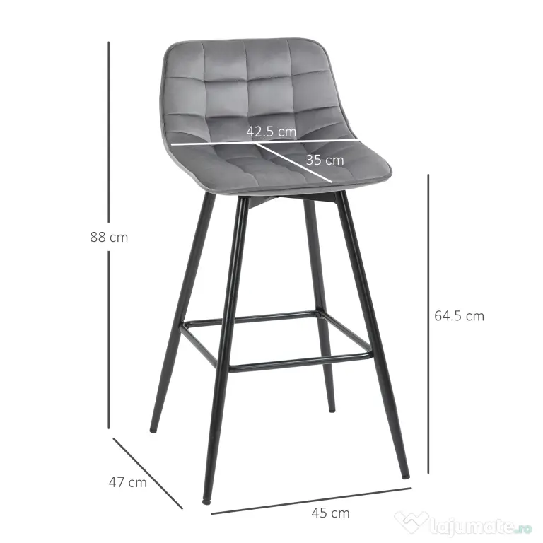 HOMCOM Set 2 Scaune Înalte în Stil Nordic cu Spătar și Suport pentru Picioare, 45x47x88 cm, Gri | Aosom Romania