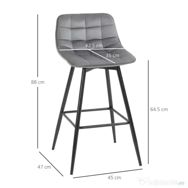HOMCOM Set 2 Scaune Înalte în Stil Nordic cu Spătar și Suport pentru Picioare, 45x47x88 cm, Gri | Aosom Romania