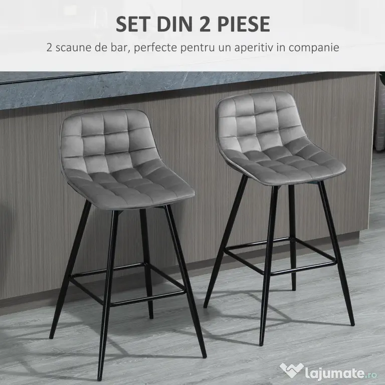 HOMCOM Set 2 Scaune Înalte în Stil Nordic cu Spătar și Suport pentru Picioare, 45x47x88 cm, Gri | Aosom Romania