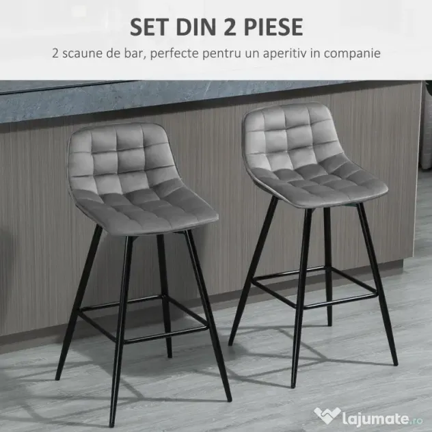 HOMCOM Set 2 Scaune Înalte în Stil Nordic cu Spătar și Suport pentru Picioare, 45x47x88 cm, Gri | Aosom Romania