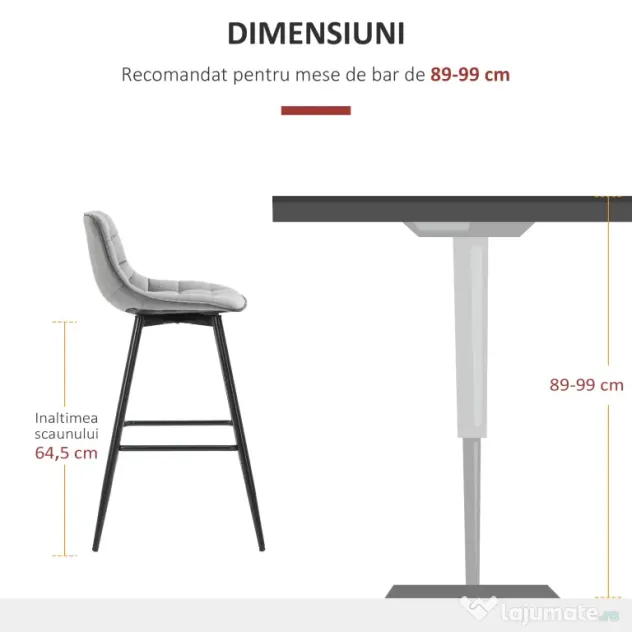 HOMCOM Set 2 Scaune Înalte în Stil Nordic cu Spătar și Suport pentru Picioare, 45x47x88 cm, Gri | Aosom Romania