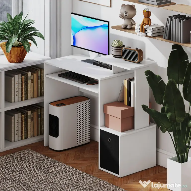 HOMCOM Birou modern pentru PC, birou pentru computer cu raft pentru tastatura, raft si spatiu de depozitare din material, 100x40x86.6cm, alb si negru