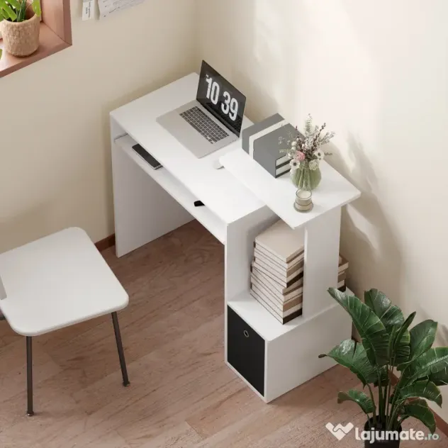 HOMCOM Birou modern pentru PC, birou pentru computer cu raft pentru tastatura, raft si spatiu de depozitare din material, 100x40x86.6cm, alb si negru