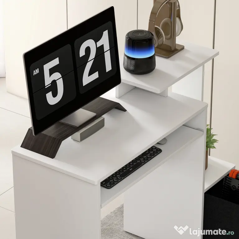 HOMCOM Birou modern pentru PC, birou pentru computer cu raft pentru tastatura, raft si spatiu de depozitare din material, 100x40x86.6cm, alb si negru