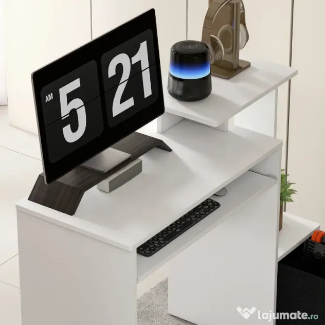 HOMCOM Birou modern pentru PC, birou pentru computer cu raft pentru tastatura, raft si spatiu de depozitare din material, 100x40x86.6cm, alb si negru