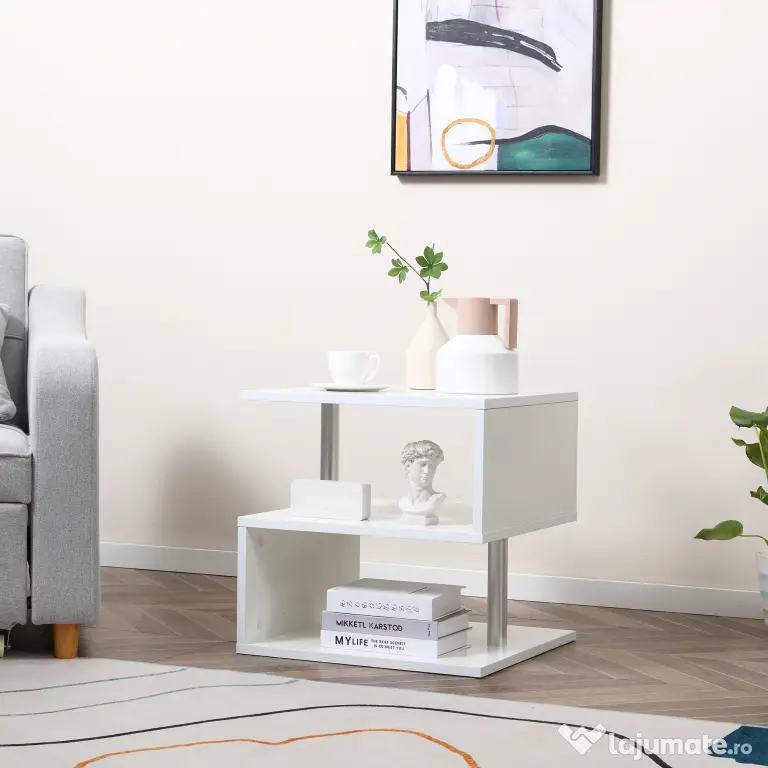 Masuta living cu 2 etajere, din lemn si fier, sustine maxim 10kg, 50x50x50cm alb HOMCOM | Aosom RO