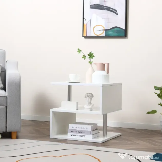 Masuta living cu 2 etajere, din lemn si fier, sustine maxim 10kg, 50x50x50cm alb HOMCOM | Aosom RO
