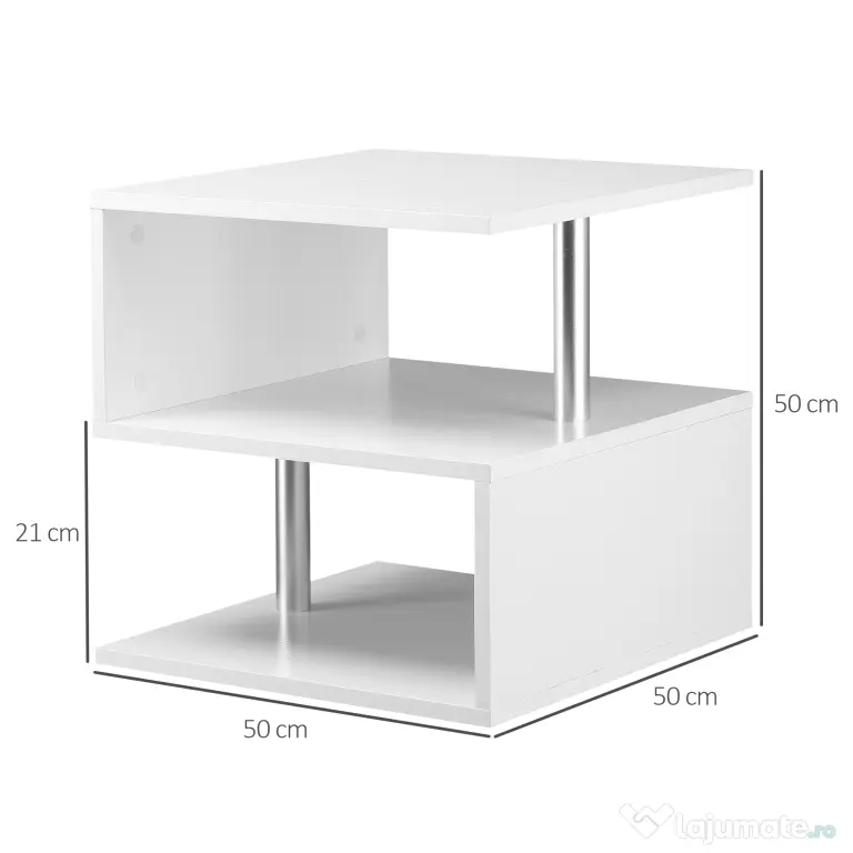 Masuta living cu 2 etajere, din lemn si fier, sustine maxim 10kg, 50x50x50cm alb HOMCOM | Aosom RO