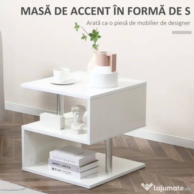 Masuta living cu 2 etajere, din lemn si fier, sustine maxim 10kg, 50x50x50cm alb HOMCOM | Aosom RO