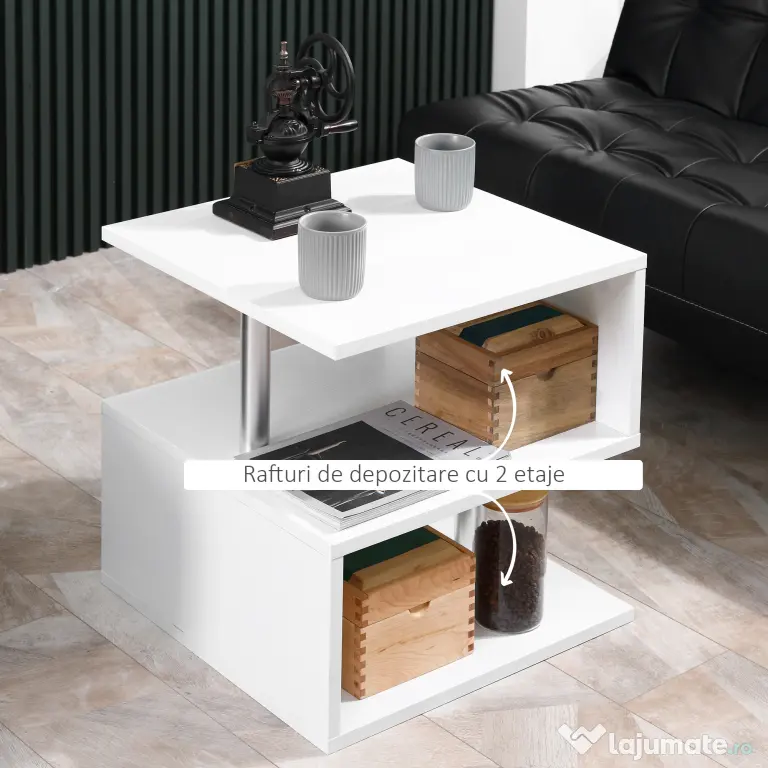 Masuta living cu 2 etajere, din lemn si fier, sustine maxim 10kg, 50x50x50cm alb HOMCOM | Aosom RO
