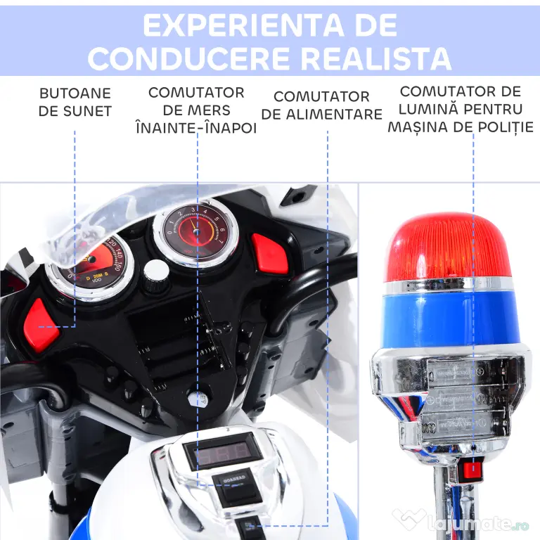 HOMCOM Motoreta Electrică 3 Roti pentru Copii cu Efecte Sonore și Luminoase, Include Muzică, 112x51x72.5cm | Aosom Romania