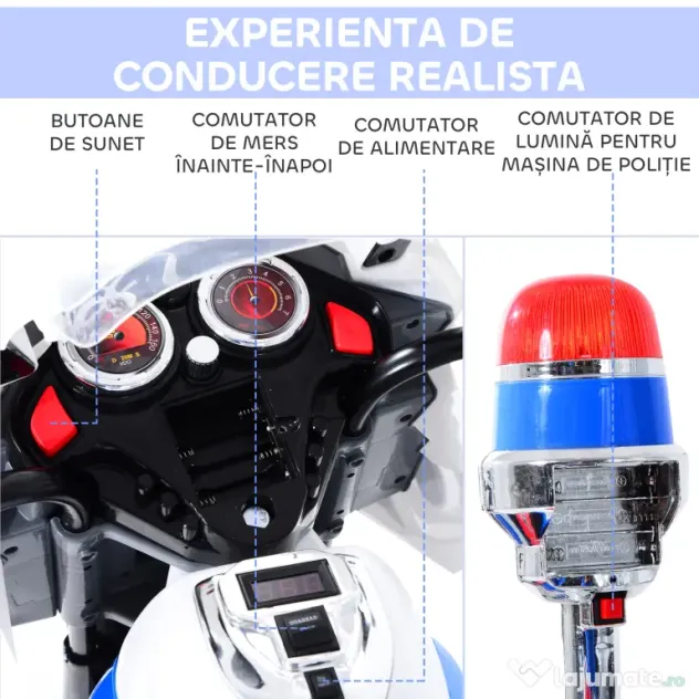 HOMCOM Motoreta Electrică 3 Roti pentru Copii cu Efecte Sonore și Luminoase, Include Muzică, 112x51x72.5cm | Aosom Romania