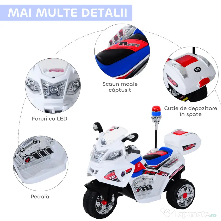 HOMCOM Motoreta Electrică 3 Roti pentru Copii cu Efecte Sonore și Luminoase, Include Muzică, 112x51x72.5cm | Aosom Romania