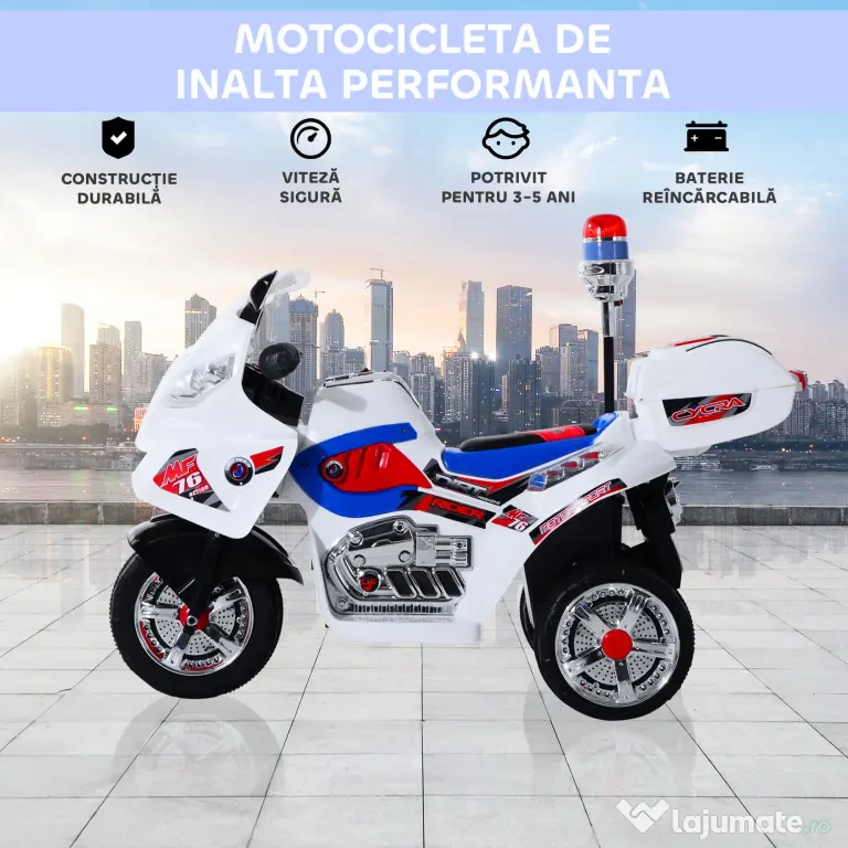 HOMCOM Motoreta Electrică 3 Roti pentru Copii cu Efecte Sonore și Luminoase, Include Muzică, 112x51x72.5cm | Aosom Romania