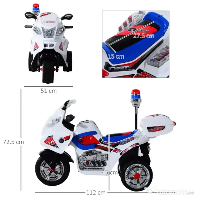 HOMCOM Motoreta Electrică 3 Roti pentru Copii cu Efecte Sonore și Luminoase, Include Muzică, 112x51x72.5cm | Aosom Romania