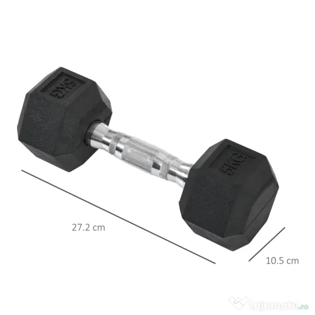 HOMCOM Set 2 Gantere Hexagonale, 5kg Fiecare, din Cauciuc cu Mâner Anti-alunecare, pentru Antrenament și Fitness, Negru | Aosom Romania