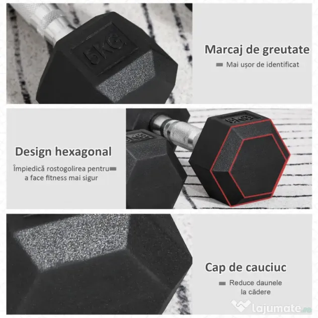 HOMCOM Set 2 Gantere Hexagonale, 5kg Fiecare, din Cauciuc cu Mâner Anti-alunecare, pentru Antrenament și Fitness, Negru | Aosom Romania