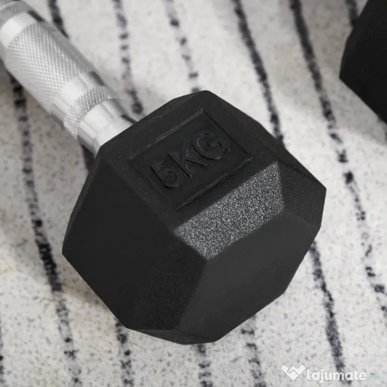 HOMCOM Set 2 Gantere Hexagonale, 5kg Fiecare, din Cauciuc cu Mâner Anti-alunecare, pentru Antrenament și Fitness, Negru | Aosom Romania