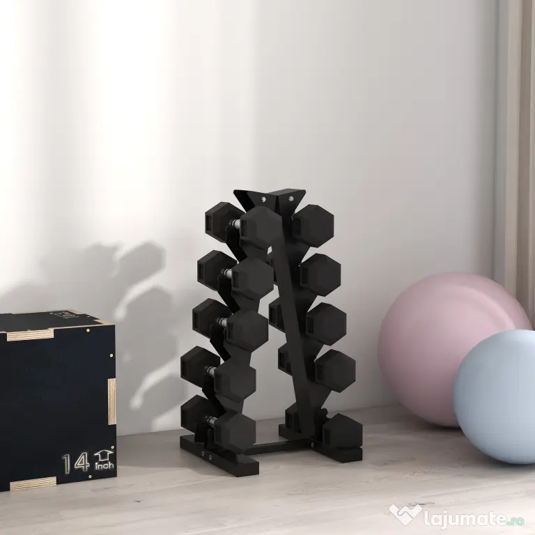 HOMCOM Set 2 Gantere Hexagonale, 5kg Fiecare, din Cauciuc cu Mâner Anti-alunecare, pentru Antrenament și Fitness, Negru | Aosom Romania