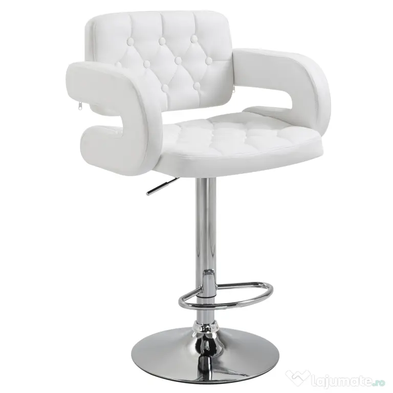 HOMCOM Scaun inalt de bar cu Spatar si Brate, Reglabil, Rotativ din Piele sintetica Alba, pentru Bucatarie sau Pub, 64x50x94-114cm | Aosom Romania