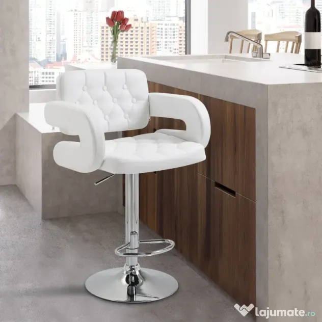 HOMCOM Scaun inalt de bar cu Spatar si Brate, Reglabil, Rotativ din Piele sintetica Alba, pentru Bucatarie sau Pub, 64x50x94-114cm | Aosom Romania