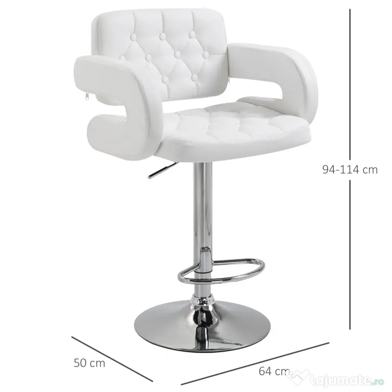HOMCOM Scaun inalt de bar cu Spatar si Brate, Reglabil, Rotativ din Piele sintetica Alba, pentru Bucatarie sau Pub, 64x50x94-114cm | Aosom Romania