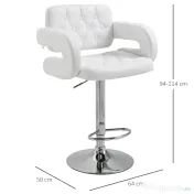 HOMCOM Scaun inalt de bar cu Spatar si Brate, Reglabil, Rotativ din Piele sintetica Alba, pentru Bucatarie sau Pub, 64x50x94-114cm | Aosom Romania