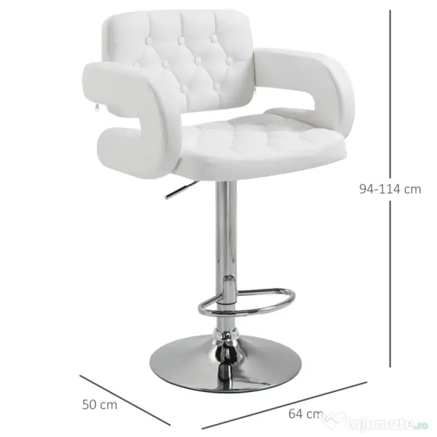 HOMCOM Scaun inalt de bar cu Spatar si Brate, Reglabil, Rotativ din Piele sintetica Alba, pentru Bucatarie sau Pub, 64x50x94-114cm | Aosom Romania