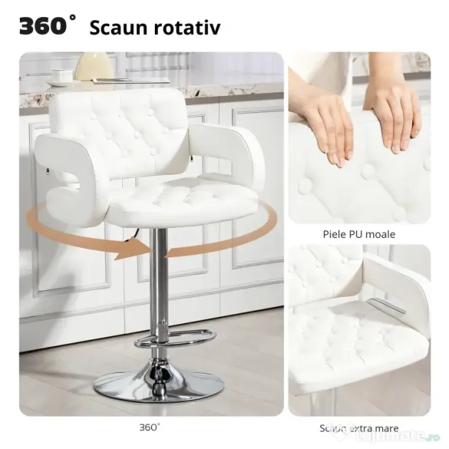 HOMCOM Scaun inalt de bar cu Spatar si Brate, Reglabil, Rotativ din Piele sintetica Alba, pentru Bucatarie sau Pub, 64x50x94-114cm | Aosom Romania