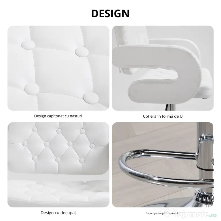 HOMCOM Scaun inalt de bar cu Spatar si Brate, Reglabil, Rotativ din Piele sintetica Alba, pentru Bucatarie sau Pub, 64x50x94-114cm | Aosom Romania