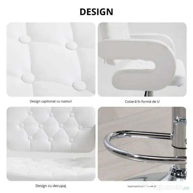 HOMCOM Scaun inalt de bar cu Spatar si Brate, Reglabil, Rotativ din Piele sintetica Alba, pentru Bucatarie sau Pub, 64x50x94-114cm | Aosom Romania