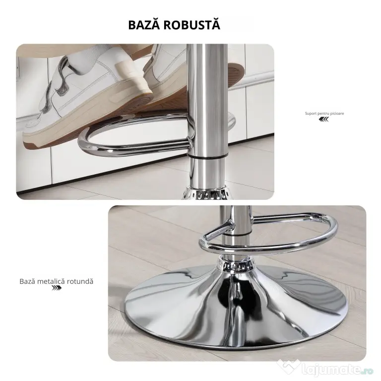 HOMCOM Scaun inalt de bar cu Spatar si Brate, Reglabil, Rotativ din Piele sintetica Alba, pentru Bucatarie sau Pub, 64x50x94-114cm | Aosom Romania