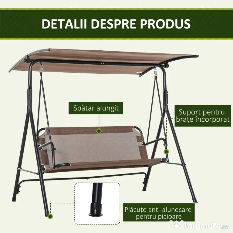 Balansoar de Gradina 3 Locuri Outsunny, Metal si Textilen, Maro 172x110x155cm | Aosom Romania